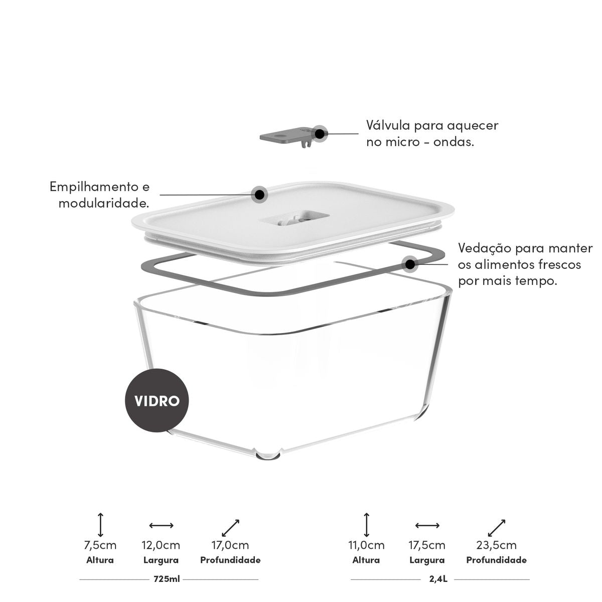 Kit de potes de vidro  hermético Ou 2,4L e 725 ml Fresh Lock
